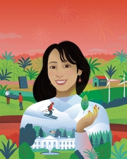 An illustration of Rujuta Pandit '24 indicating a number of her interests including skiing and the White House