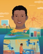 an illustration of student Alan Ngouenet '25 with images of his areas of interest 