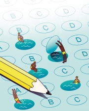 An image of people jumping into swimming holes created from answer circles on a standardized test
