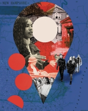 An illustration showing a large location pin with images of students and historial governmental figures included in a collage-style