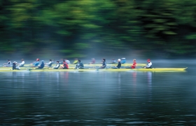 A photo of Dartmouth rowers practicing on the Connecticut River