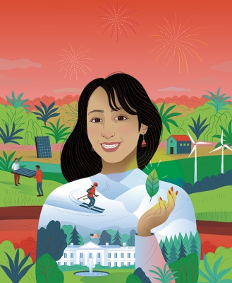 An illustration of Rujuta Pandit '24 indicating a number of her interests including skiing and the White House
