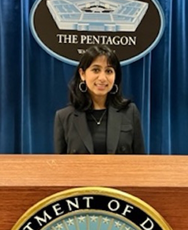 A photo of Rujuta Pandit '24 at the White House Press Room