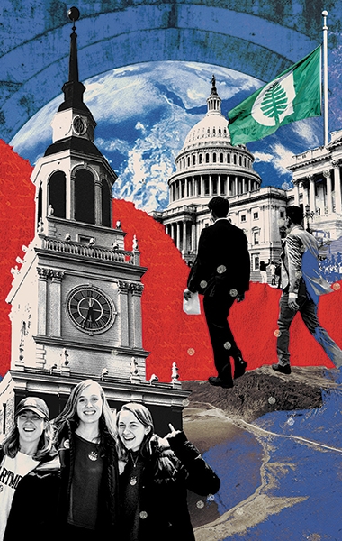 An illustration showing a large location pin with images of students and historial governmental buildings included in a collage-style