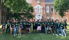 A photo of the participants in the 2018 Dartmouth Bound Program in front of Baker Library