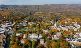 A photo of campus in the fall, taken from a drone, looking west