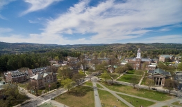 An aerial photo of The Green and buildings on campus