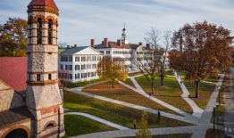 A photo of aerial views of Rollins Chapel and Dartmouth Hall in fall.