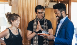 A photo of professor Joshua Bennett and students