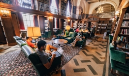 A photo of students studying in the Tower Room of Baker-Berry Library