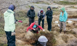A photo of Melissa DeSiervo (squatting), GR, Ph.D. student in the Ecology, Evolution, Ecosystems and Society (EEES), JSEP (Joint Science Education Project) Lab students, and Reyn Hutten ’21 (far right)