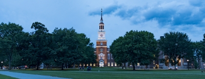 Photo of Baker Library at dusk in the summer