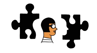 An illustration of a profile of a head with puzzle pieces to either side of it