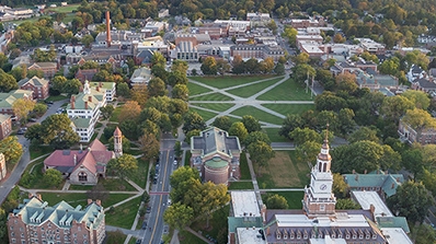 An aerial photo of campus looking south