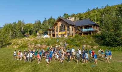 A photo of members of the Class of 2027 at the Moosilauke Ravine Lodge during their orientation