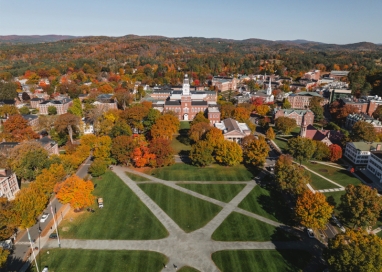 A photo taken by a drone of Dartmouth's campus, looking north, in the fall