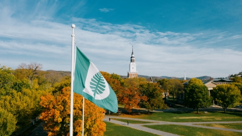 Dartmouth flag flying over campus / Eli Burakian '00
