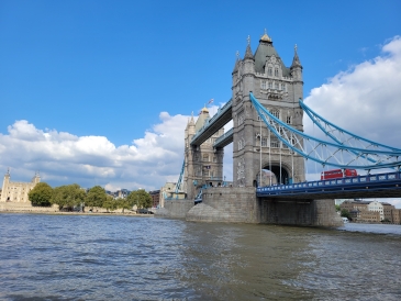 The Tower Bridge in London on a sunny day.