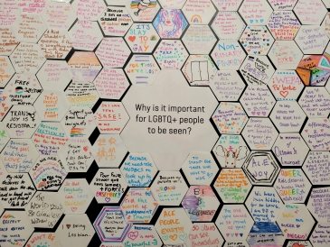 A board of answers to the question "Why is it important for LGBTQ+ people to be seen?"
