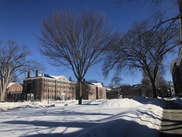 A row of dorms with a clear, sunny sky and snow covering the ground 