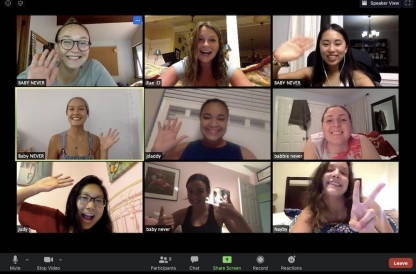 A screenshot of 9 women waving at each other on Zoom.