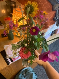 Flowers from the market! Yellow, orange, and pink fresh flowers