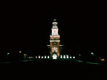 Baker Berry tower lit up at night
