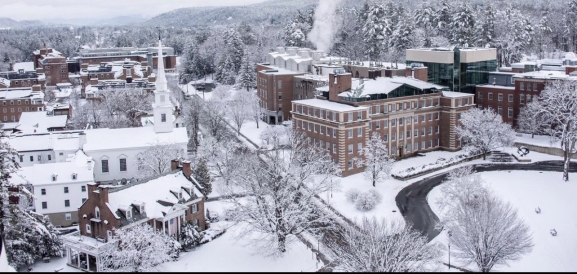 Aerial view of Dartmouth College campus in the winter