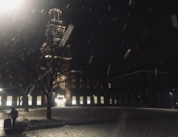 Baker Tower in a 3am snowstorm