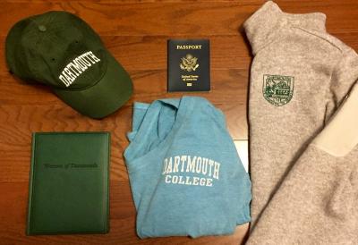 Dartmouth sweatshirt, passport, Dartmouth hat