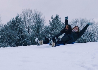 Abbi and a friend sharing a sled going down a snowy hill at the golf course.