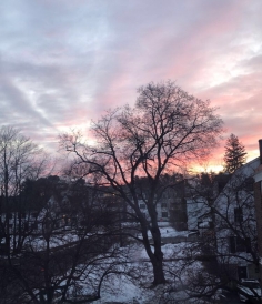 The sun rising in the background with a snowy ground a white building in the foreground