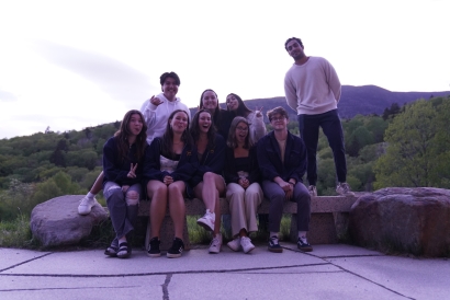 Picture of Gabriel '23 and friends outside of the Moosilauke Ravine Lodge