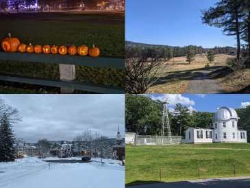 Collage of each term on campus featuring pumpkin carvings, a snowy campus, the Shattuck Observatory, and the golf course. 