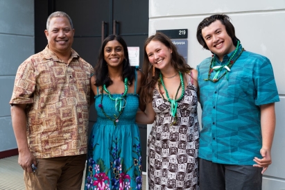Image of Gabriel Gilbert, Aaní Perkins, Samiha Datta, and Satawalese consultant in Hilo, Hawaiʻi.