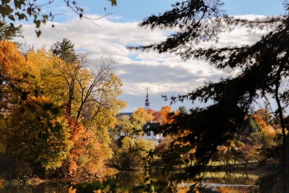 Baker tower in the distance with fall foliage