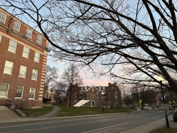 Pink sky as background for Dartmouth academic building