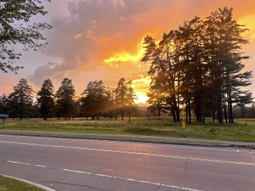 A picture of a tree-filled stormy sunset near the old Dartmouth golf course