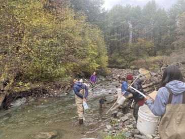 martin's lab director leading the group through a stream