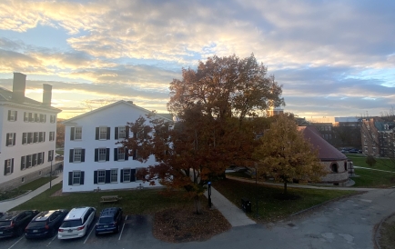 a view from martin's dorm window overlooking the back of Dartmouth Hall and Baker-Berry library in the distance.