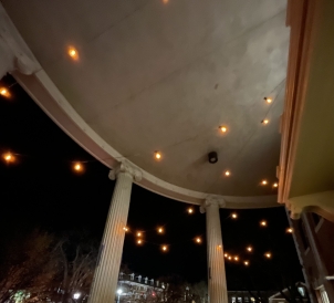 A picture of lights above the Collis Centre patio.
