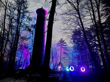 A tall tower in the woods at night. The tower and the trees around it are painted blue and magenta by splashes of light