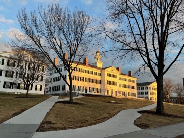 A photo of Dartmouth Hall at sunset.