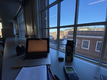 A view of a study set-up from the top floor of the stacks in bakery-berry library