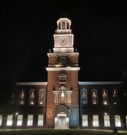 A picture of Baker-Berry library in the night.