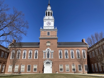 a photo of baker-berry library illuminated by sunlight 