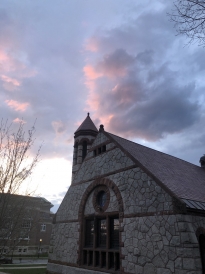 A picture of Rollins Chapel with the sunset.