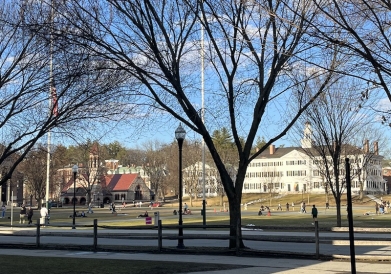 An image of the Dartmouth College Green in the sunshine, with students playing games and relaxing in the sunshine.