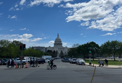 A photo of Washington, D.C. in spring. The trees are blossoming in the foreground, along with people in short sleeves crossing a street. In the background, the U.S. Capitol.