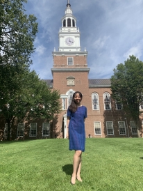 Love Tsai in front of Baker Tower